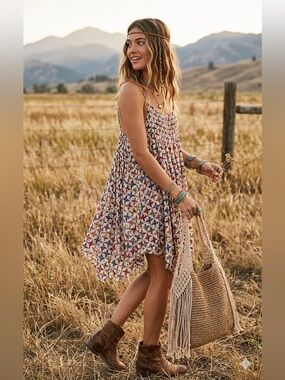 Free People FP ONE Flowy Distressed Hem Festival Mini Dress Lace Sides Boho Chic